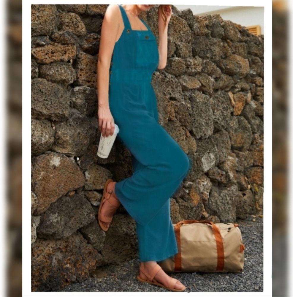 NWT Teal Chest Pocket Sleeveless 100% Linen-finish Cotton Jumpsuit Sz M
